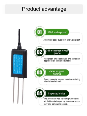 Detector de umidade do solo de alta precisão, faixa de medição 0-100% comprimento da sonda 70 mm