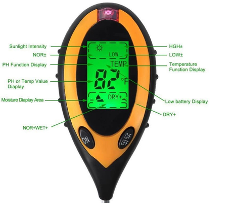 Exibição LCD Digital 4 em 1 Medidor de pH do solo com Teste de luz solar de temperatura e umidade