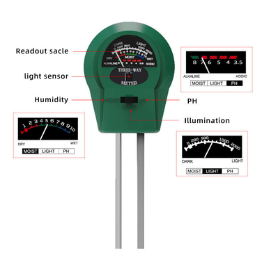 Proba de tubo de aço inoxidável 3 em 1 Teste de umidade/luz/Ph para planta/resto/fazenda/jardim