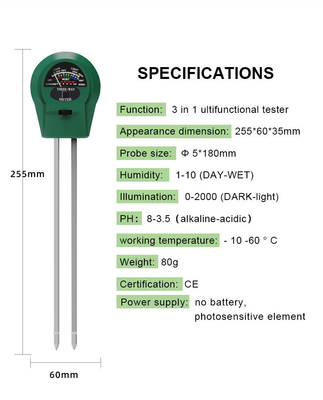 Proba de tubo de aço inoxidável 3 em 1 Teste de umidade/luz/Ph para planta/resto/fazenda/jardim