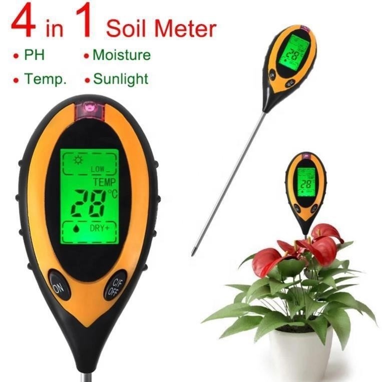 Exibição LCD Digital 4 em 1 Medidor de pH do solo com Teste de luz solar de temperatura e umidade